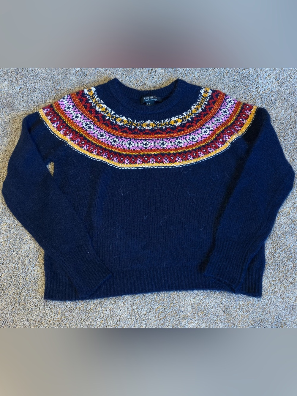 Forever 21 Navy Crewneck Sweater with Multicolor Fair Isle Yoke Women’s Small - Picture 1 of 6